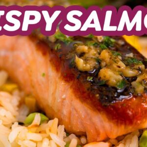 CRISPY Salmon with Lemon Butter Sauce & Rice Pilaf